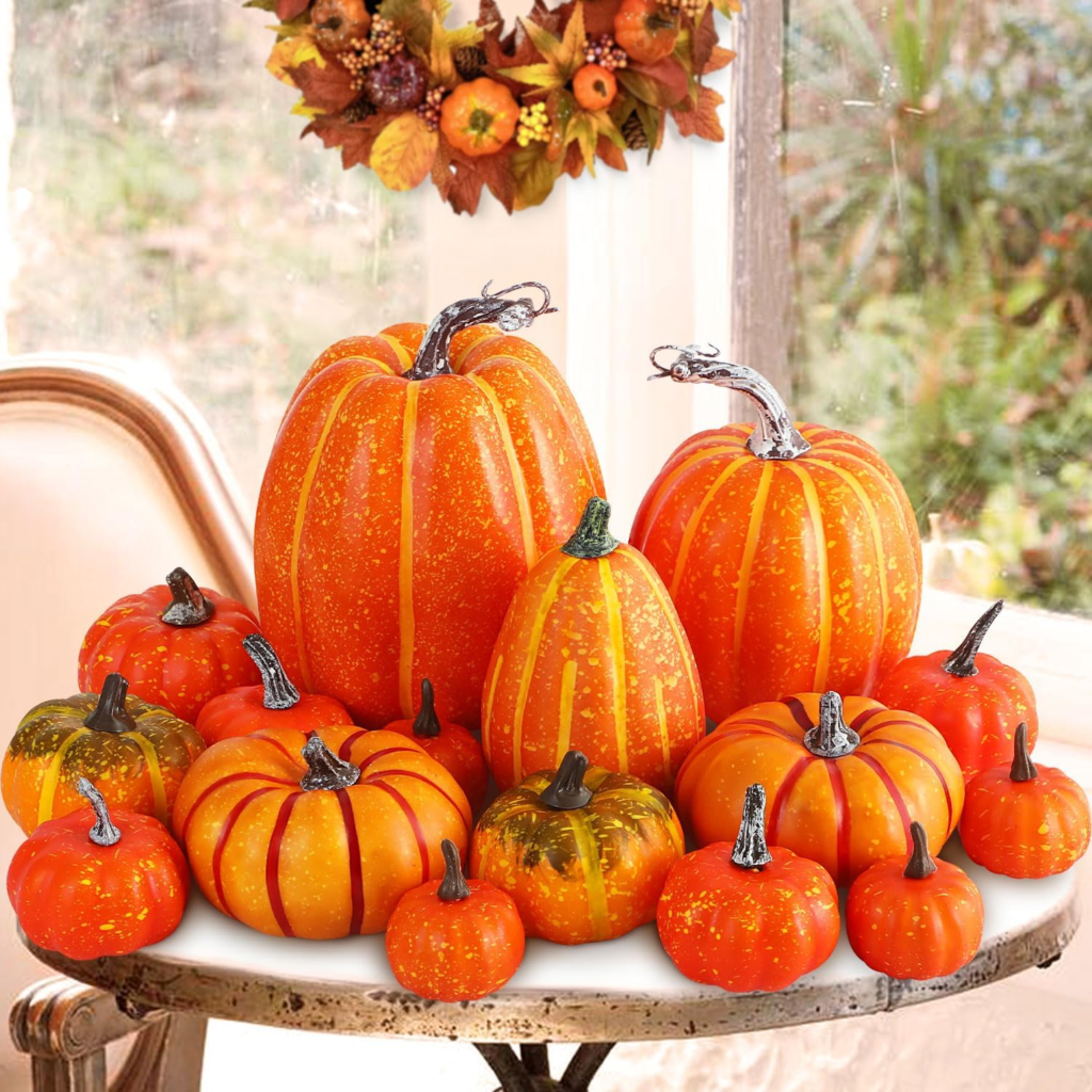 Benjia Decoraciones de otoño de mini Calabaza para afuera - Grandes Calabazas ornamentales para otoño y Halloween (Naranja, 16 Piezas)