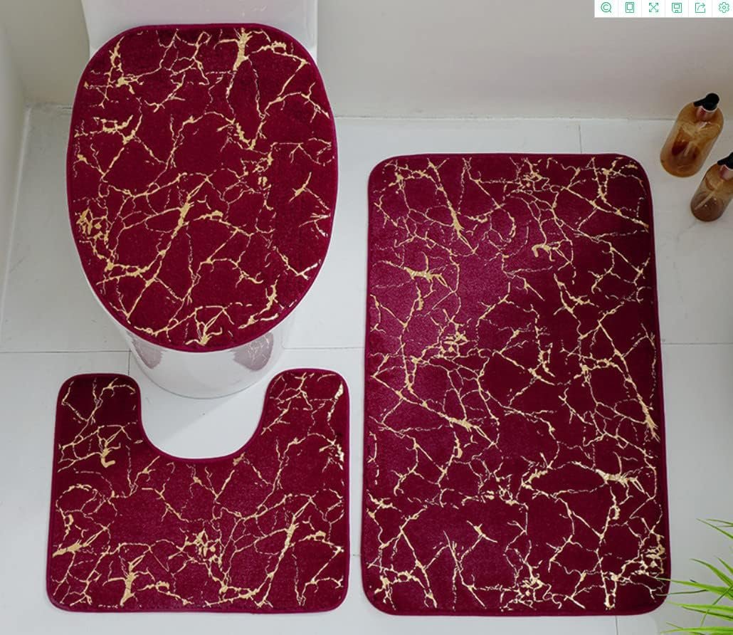 Alfombra de baño de color rojo y dorado antideslizante de 3 piezas, funda de asiento de inodoro de mármol, cubierta de tapa, alfombra de baño para...