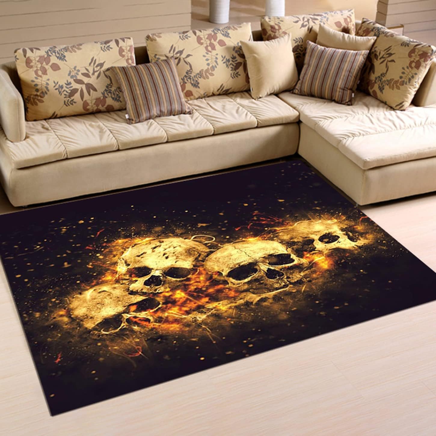 Xisnuient Alfombra Floral Calavera Alfombra Grande para Sala De Estar Alfombra para Habitación De Hombre 3D Death Skull Estilo Gótico Negro Gris Felpudo..