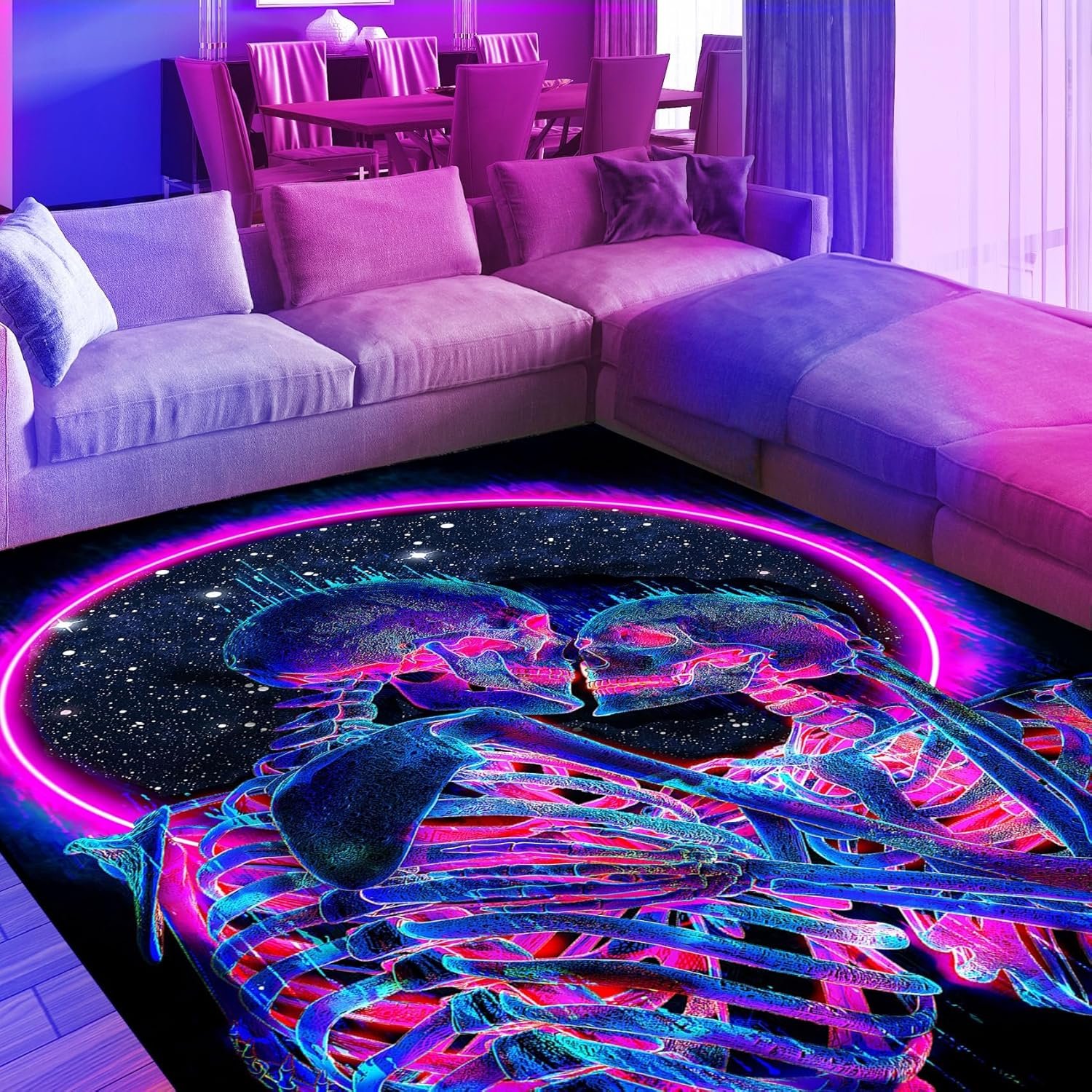 HOLAVADA Alfombra Calavera Besándose con Luz Negra, Gótica Fluorescente Que Brilla en la Oscuridad, Grande y Reactiva al UV. Decoración Luminosa para el...